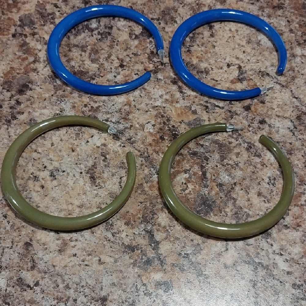 Set of Two Blue and Two Olive Green Hoop Earrings
